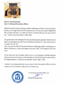 Christmas and New Year greetings from Bishop Toussaint Iluku Bolumbu MSC, bishop of the diocese of Bokungu-Ikela in the Democratic Republic of Congo.